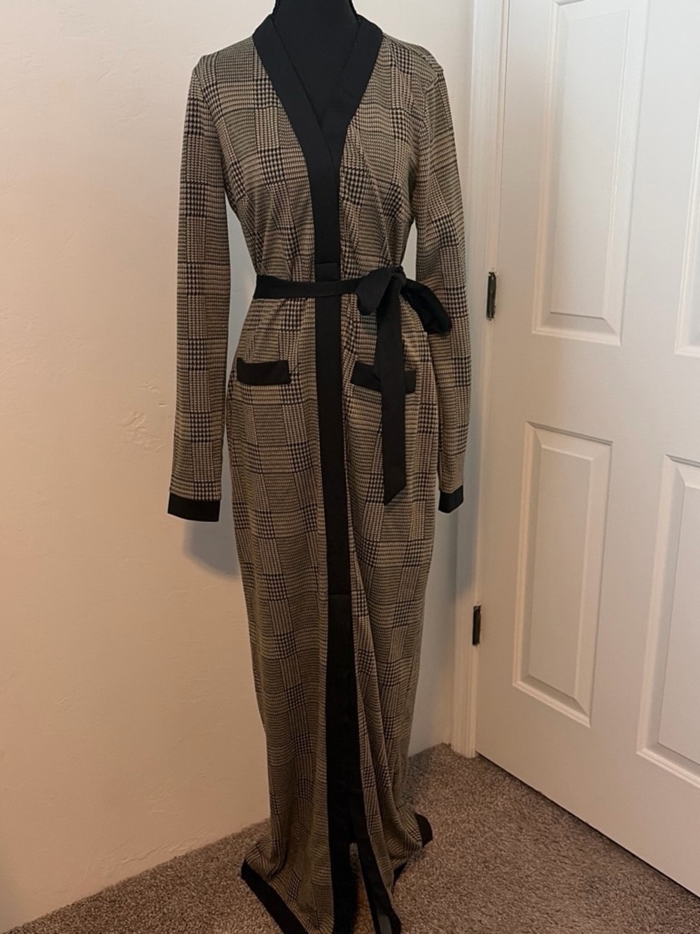 Fashion Nova Tan Plaid Maxi Wrap Dress with Black Trim